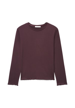 Top aderente a maniche lunghe di colore prugna scuro con scollo rotondo e bordi leggermente arricciati su maniche e orlo.