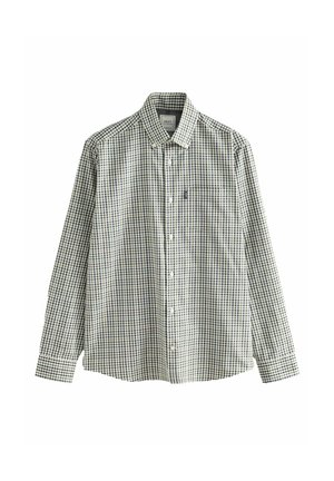 Green and navy checked long-sleeve shirt with a button-down collar, front pocket, and subtle logo on the chest. Cotton material.