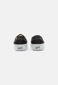 Black canvas sneakers with white rubber soles, white stitching, and a rounded shape. Features logo on the heel and a smooth texture.