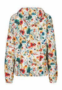 Hoodie mit floralem Print und bunten Blumen auf einem weißen Hintergrund. Verfügt über elastische Bündchen und ein lässiges Design.