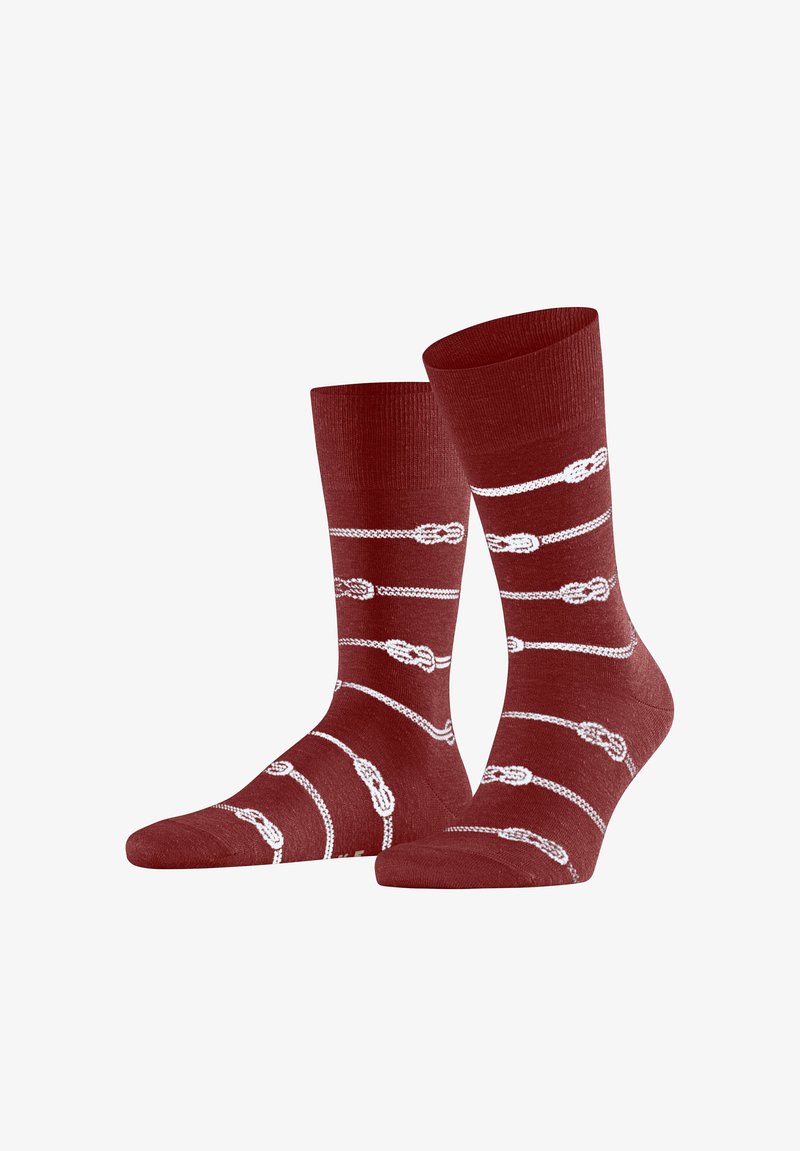 Chaussettes d'équipage couleur bordeaux avec un motif répétitif de corde blanche et de nœud, affichées côte à côte.