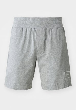 Gray cotton shorts with an elastic waistband, featuring a small white HUGO logo patch on the lower side and a straight cut design.