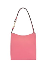 Roze leren handtas met een gladde textuur, gebogen bovenkant en een enkele verstelbare schouderriem; voorzien van gouden hardware accenten.