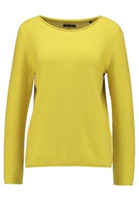 Gelbes Langarm-Pullover mit strukturiertem Strickmuster, rundem Ausschnitt und lockerer Passform. Keine sichtbaren Logos oder Verzierungen.