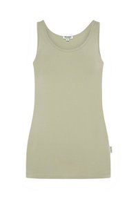 Hellgrünes Tanktop aus weichem, elastischem Stoff mit rundem Ausschnitt und dünnen Trägern. Enthält ein kleines Markenetikett an der Seite.