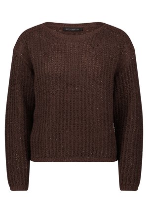 Maglione marrone lavorato a maglia con texture a coste, ampia scollatura a girocollo e maniche lunghe. Dettagli scintillanti sono visibili in tutto il tessuto.