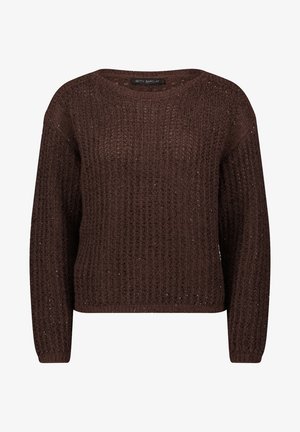 Maglione marrone lavorato a maglia con texture a coste, ampia scollatura a girocollo e maniche lunghe. Dettagli scintillanti sono visibili in tutto il tessuto.