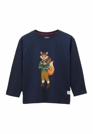 Laivastonsininen pitkähihainen paita, jossa on edessä piirroskuva ketusta, joka pukeutuu pipoon, ruutupaitaan, repulle ja vaelluskengille.