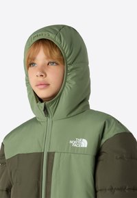 Zöld steppelt kabát cipzáros elülső résszel, kapucnival és kontrasztos sötétzöld betétekkel. A bal felső oldalon logó található. Simább textúra.