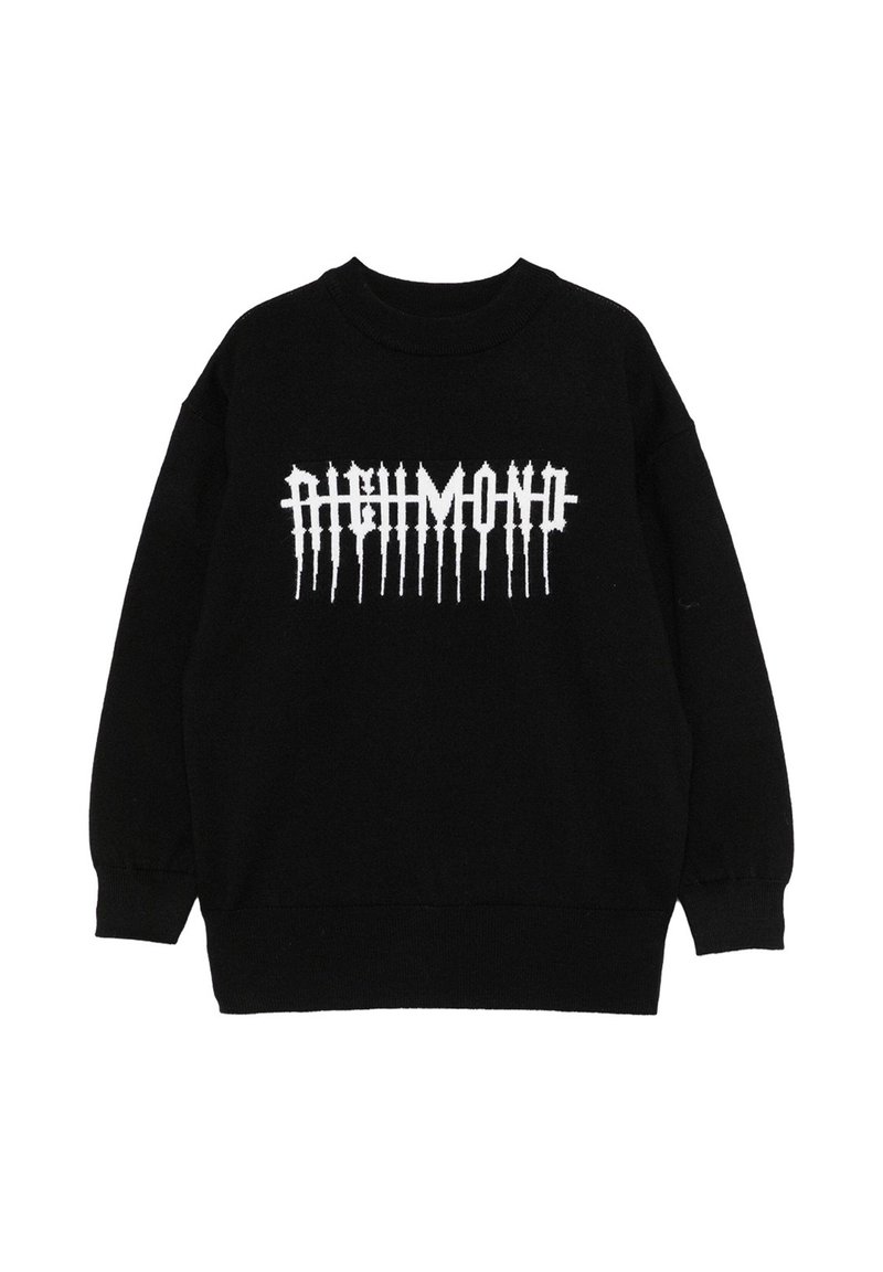 Felpa nera in tessuto morbido con un logo bianco prominente caratterizzato da una scritta allungata e frastagliata. Collo e polsini a coste.