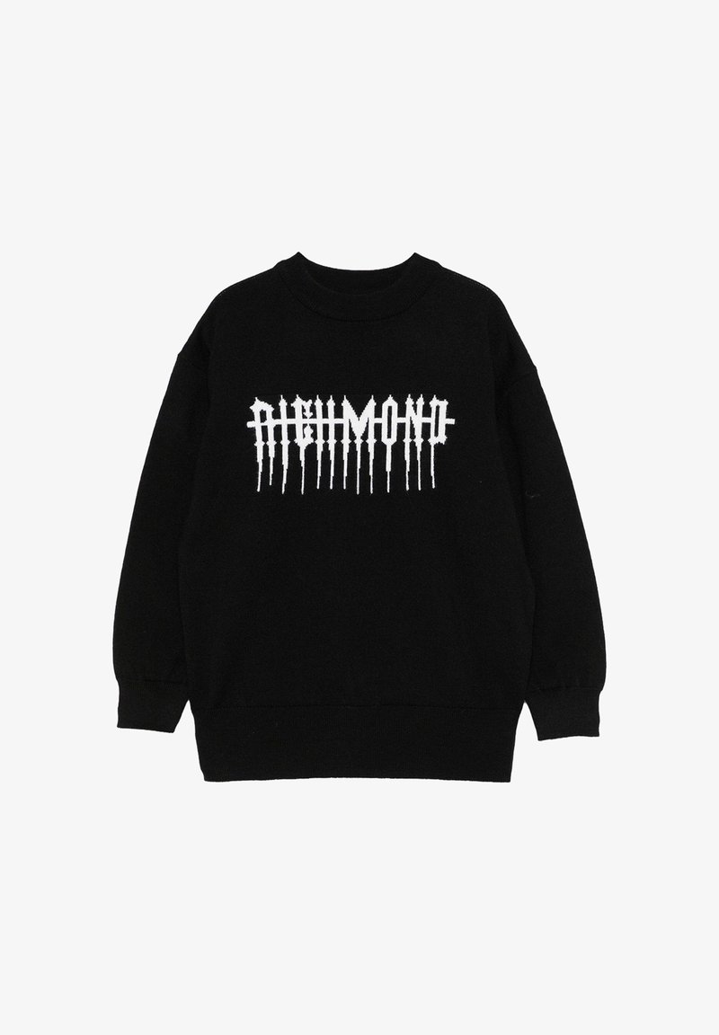 Felpa nera in tessuto morbido con un logo bianco prominente caratterizzato da una scritta allungata e frastagliata. Collo e polsini a coste.