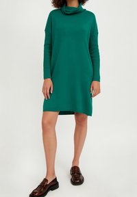 Robe pull verte à col roulé avec des manches côtelées et une coupe décontractée, dotée d'un ourlet droit et d'un accent de marque subtil près du bas.