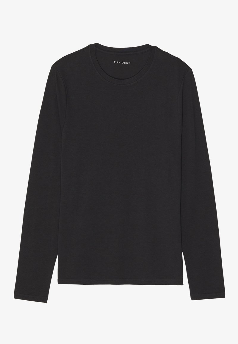 Black long-sleeve t-shirt made of soft, lightweight fabric. Features a round neckline and straight hem. No visible patterns or accents.