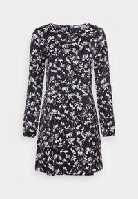 Svart långärmad klänning med vitt blommönster, med rund halsringning och figurnära midja, texturerad tyg och knä-lång nederkant.