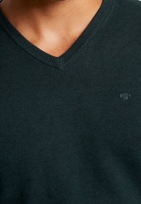 Maglione verde scuro a collo a V realizzato in morbido tessuto a maglia; presenta un bordo a costine sul collo e un piccolo logo tono su tono sul petto.