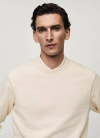 Cream-colored sweatshirt with a high neck, made of soft fabric. Features a relaxed fit and minimal stitching detail. Smooth texture.