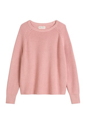 Jasnoróżowy sweter z dzianiny z okrągłym dekoltem, prążkowaną teksturą i długimi rękawami raglanowymi. Posiada prosty dół i subtelną metkę z logo marki.
