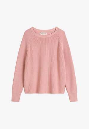 Helles rosa gestricktes Oberteil mit Rundhalsausschnitt, gerippter Textur und langen Raglanärmeln. Verfügt über einen geraden Saum und ein dezentes Markenlabel.