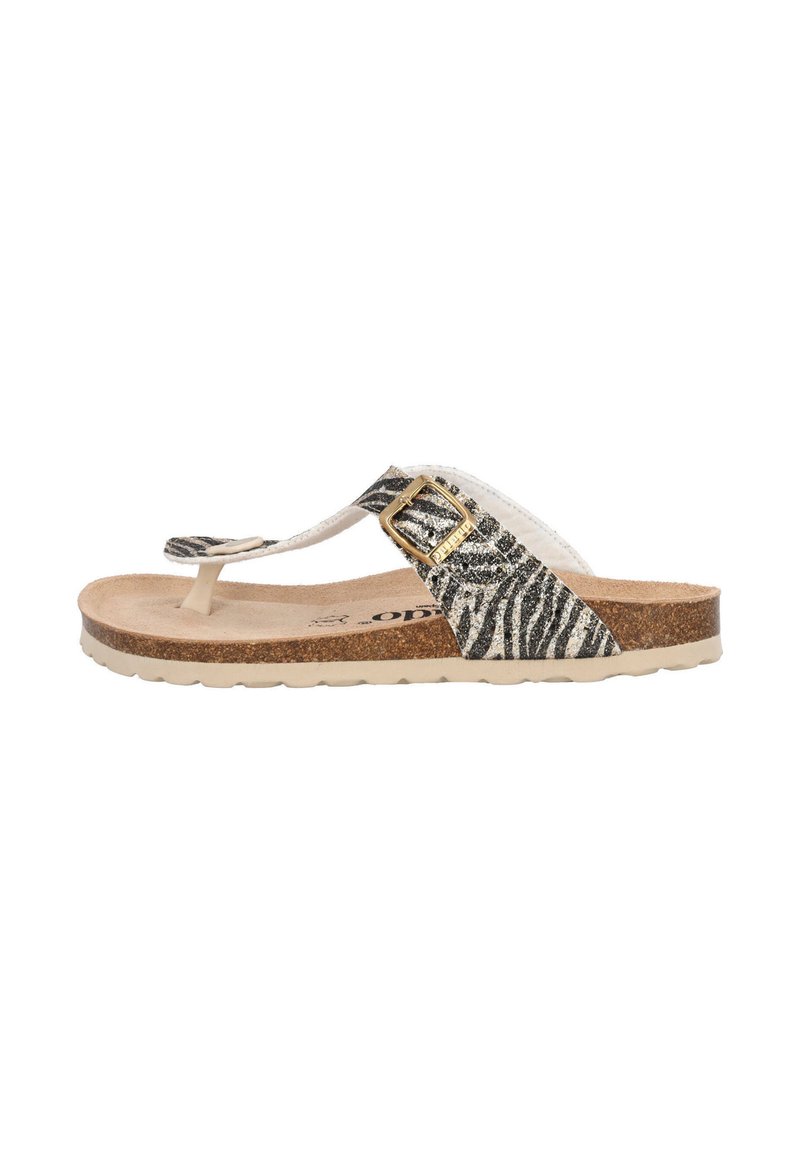 Sandali slip-on con tomaia a stampa zebra, dettagli in oro sulla fibbia, suola in sughero e suola in gomma, progettati per un uso casual.