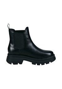 Schwarze Leder-Chelsea-Boots mit dicker Sohle, elastischen seitlichen Einsätzen und einer Schlaufe an der Rückseite für ein einfaches Anziehen. Glatte Textur und minimalistisches Design.