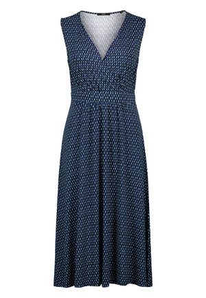 Robe sans manches bleu marine avec motifs en forme de gouttes blanches et bleu clair, corsage cache-cœur à col en V, et jupe froncée tombant sous le genou.