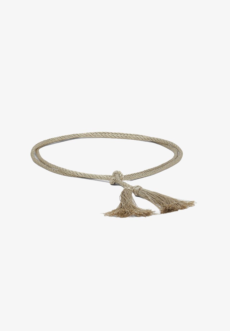 Braided beige belt with two decorative tassels at the end. Made from a textured material, it features a knotted design for fastening.