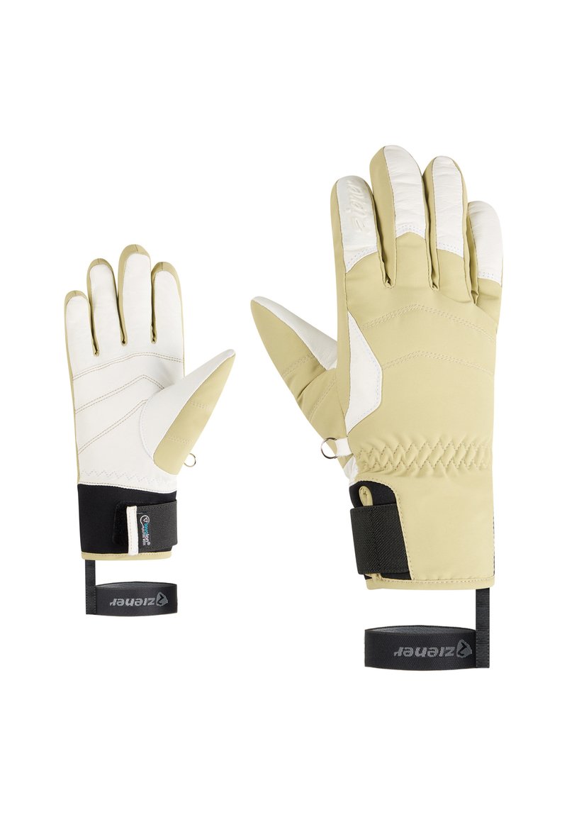 Ski gloves in pale yellow with white leather accents. Features a textured surface, adjustable wrist straps, and a loop for attachment.