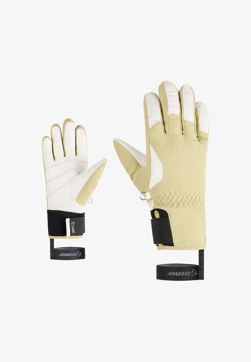 Ski gloves in pale yellow with white leather accents. Features a textured surface, adjustable wrist straps, and a loop for attachment.