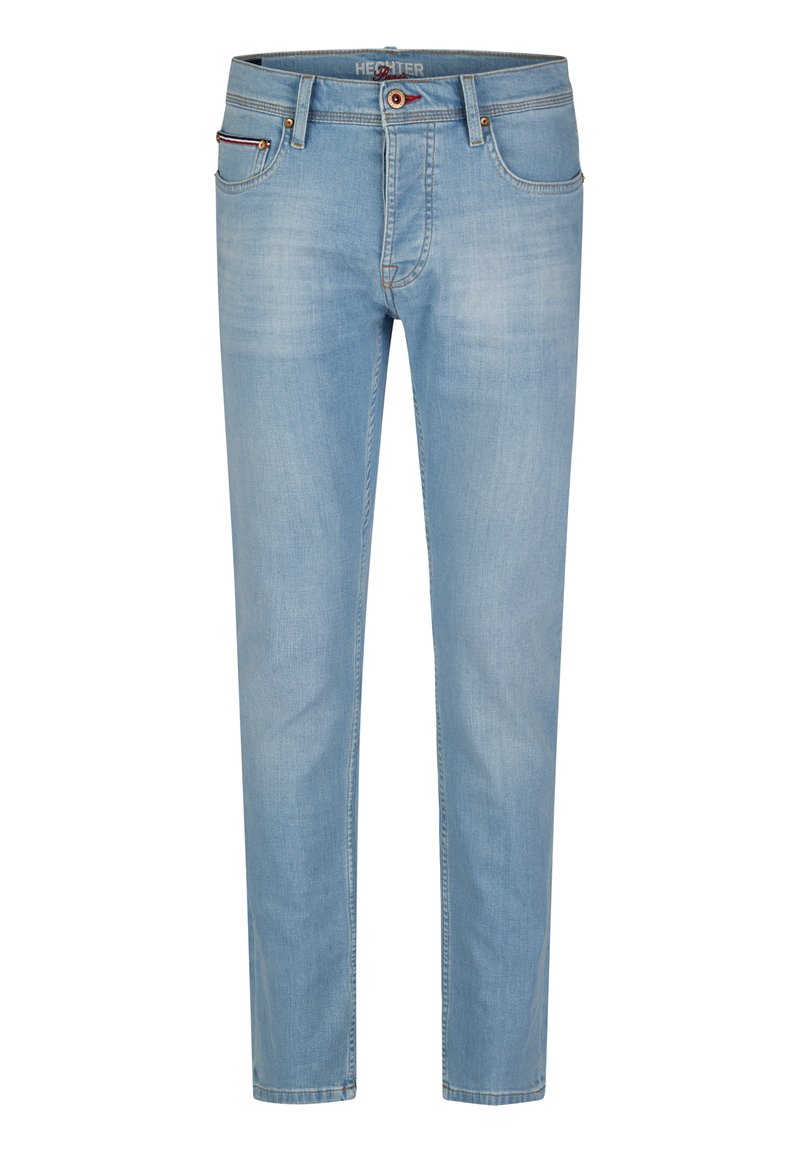 Light blue denim jeans with a straight-leg cut, featuring a five-pocket design, button closure, and subtle fading for texture.