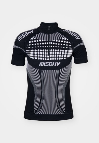 Čierny cyklistický dres s krátkymi rukávmi, ktorý má vysoký golier a zips. Obsahuje textúrovaný dizajn s bielymi bodkovanými vzormi a pruhmi.