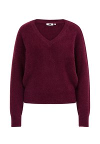 Burgundowy sweter w serek wykonany z teksturowanej dzianiny, z długimi rękawami i luźnym krojem, z krótszym dołem.