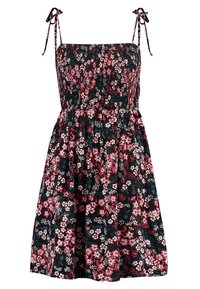 Zwarte jurk met een rood, wit en blauw bloemenpatroon, gesmokt lijfje en verstelbare schouderbanden met strik.