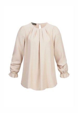 Bluza s dolgimi rokavi, svetlo bež barve, s pletenim sprednjim delom, okroglim izrezom in nabranimi manšeti. Mehak, teksturiran material z rahlim sijajem.