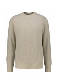 Maglione a costine beige con maniche lunghe, collo rotondo e motivo testurizzato; presenta un orlo inferiore a coste e polsini discreti.