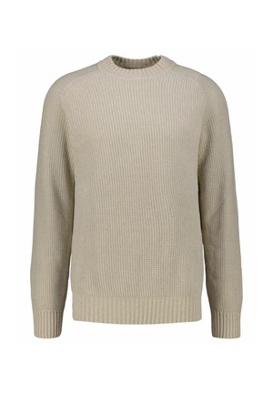 Maglione a costine beige con maniche lunghe, collo rotondo e motivo testurizzato; presenta un orlo inferiore a coste e polsini discreti.