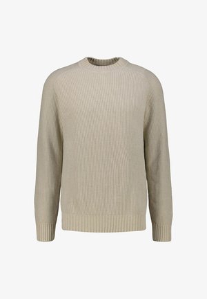 Maglione a costine beige con maniche lunghe, collo rotondo e motivo testurizzato; presenta un orlo inferiore a coste e polsini discreti.