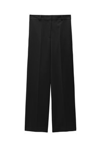 Pantalon noir à jambes larges avec passants pour ceinture et détail de couture à l'avant, présenté sur un fond blanc.