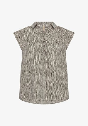 Gestreepte blouse in zwart en wit met een kraag, korte mouwen, knoopsluiting en een relaxte pasvorm. Lichtgewicht stof met verticale lijnen.