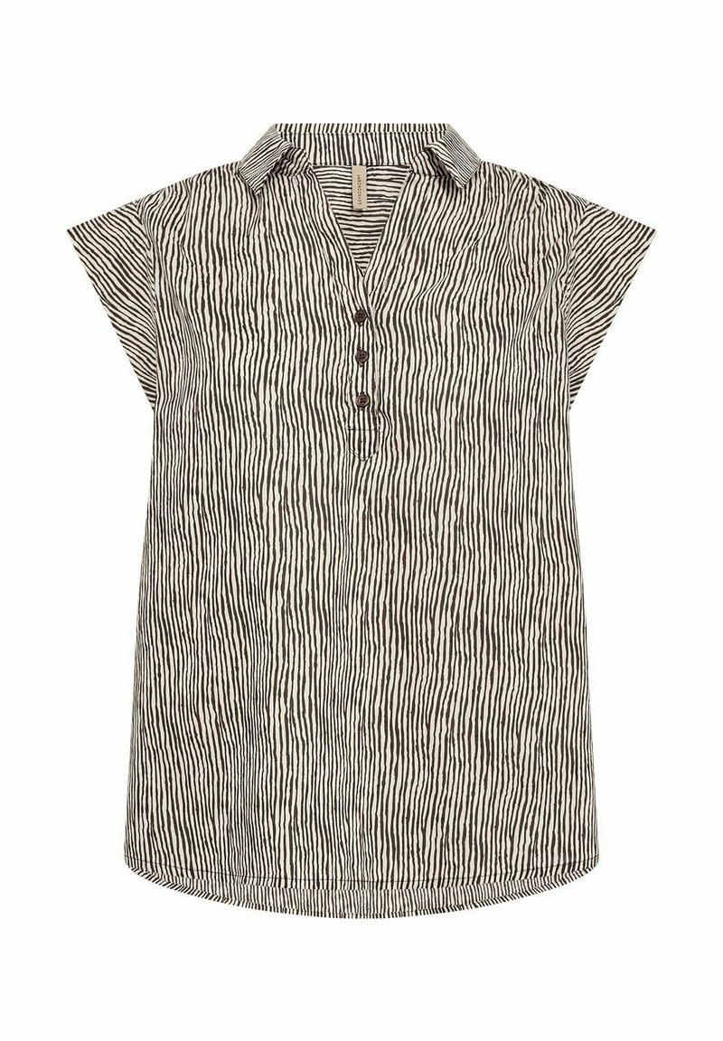 Gestreepte blouse in zwart en wit met een kraag, korte mouwen, knoopsluiting en een relaxte pasvorm. Lichtgewicht stof met verticale lijnen.