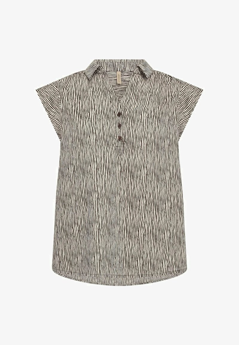 Gestreepte blouse in zwart en wit met een kraag, korte mouwen, knoopsluiting en een relaxte pasvorm. Lichtgewicht stof met verticale lijnen.