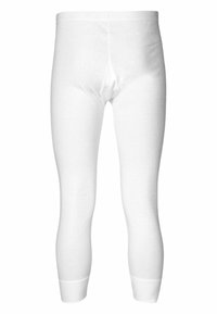 White cotton leggings with an elastic waistband, fitted shape, and ankle-length cuffs. Smooth texture and no visible patterns or embellishments.