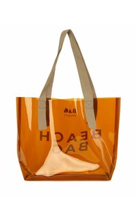 Borsa da spiaggia trasparente arancione in PVC con manici in tessuto beige, caratterizzata dal testo "BEACH BAG" ben in evidenza. Design leggero.