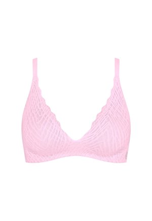 Jasnoróżowy koronkowy biustonosz typu bralette z falistymi krawędziami i regulowanymi ramiączkami, prezentowany na białym tle.