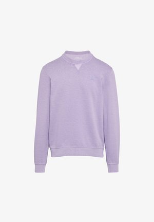 Lila Sweatshirt mit Rundhalsausschnitt, langen Ärmeln und gerippten Bündchen. Verfügt über ein kleines Logo auf der oberen linken Brust. Weicher Stoff.