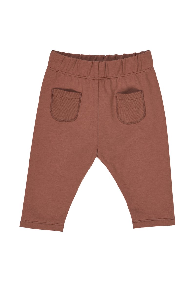 Hnědé bavlněné kalhoty s elastickým pasem a dvěma zadními kapsami. Tkanina má hladkou strukturu a jednoduchý design.