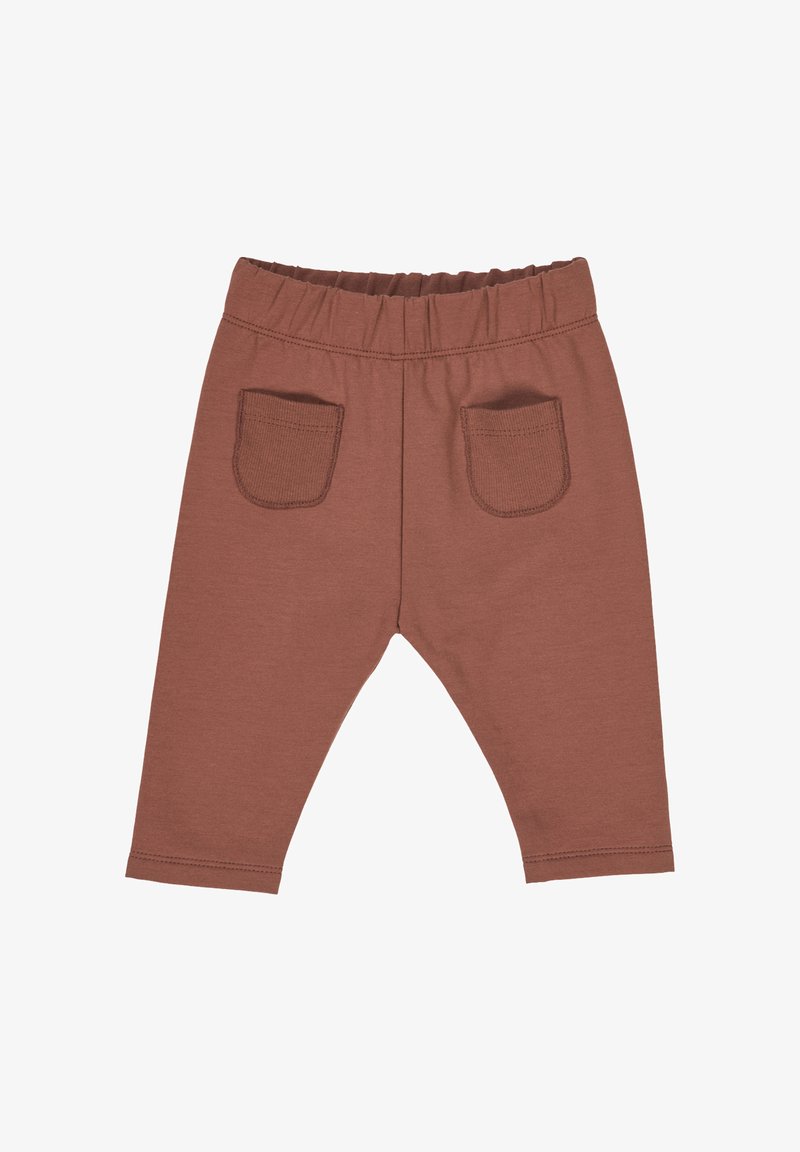 Hnědé bavlněné kalhoty s elastickým pasem a dvěma zadními kapsami. Tkanina má hladkou strukturu a jednoduchý design.