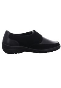 Black slip-on shoes featuring a combination of smooth and suede-like textures, rounded toe, and a flexible rubber sole.