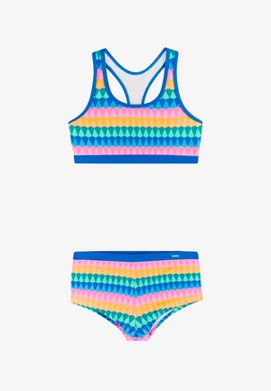 Kleurrijk tweedelig kinderbadpak met racerback top en boyshort broekje, met roze, blauwe, groene en gele geometrische strepen.