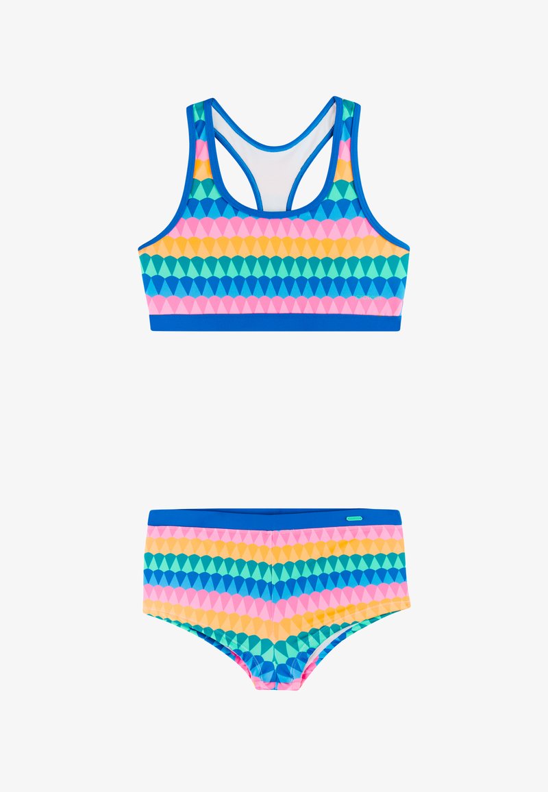 Maillot de bain enfant deux pièces coloré avec haut dos nageur et bas shorty, présentant des rayures géométriques rose, bleu, vert et jaune.