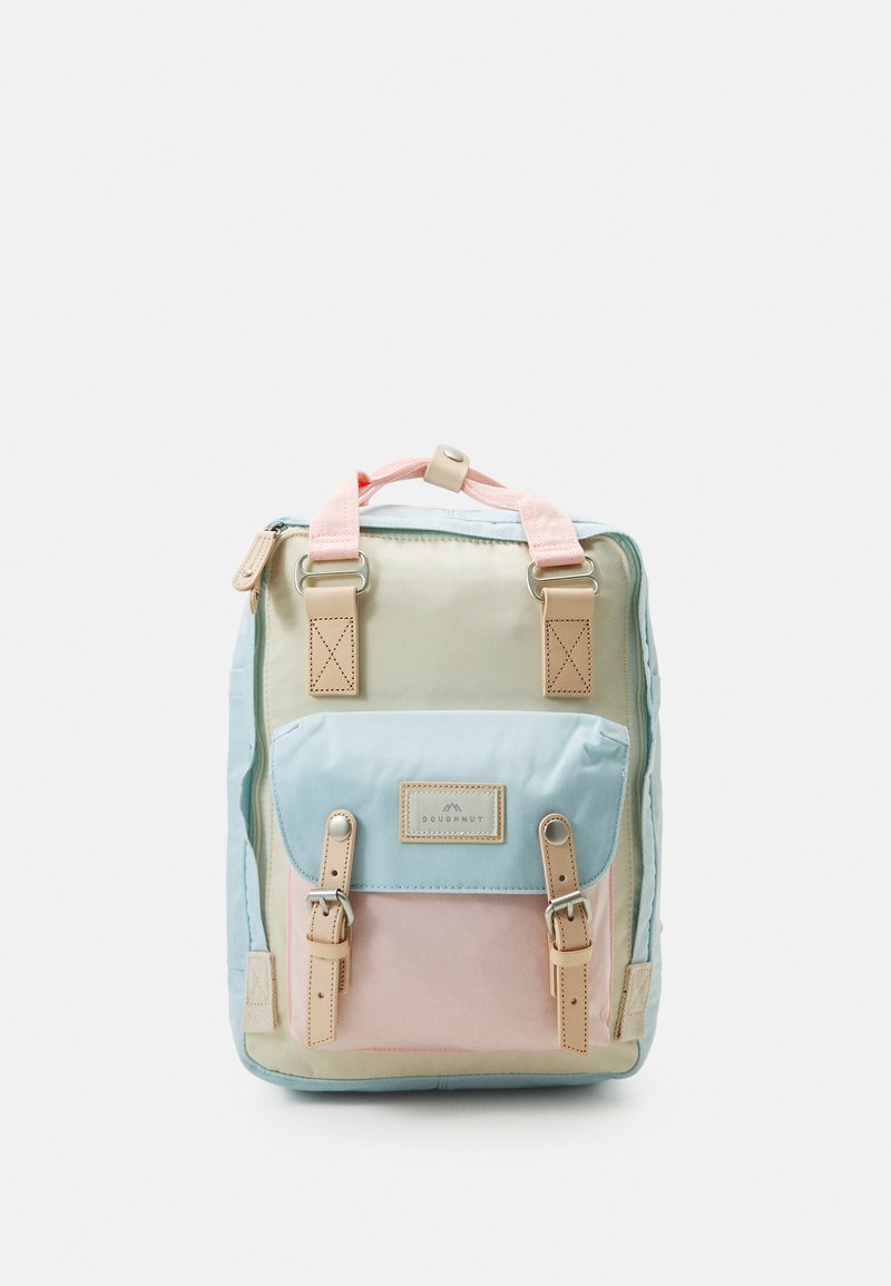 Backpack featuring a combination of light blue, mint green, and pastel pink colors. Made of fabric with leather accents and metal hardware.